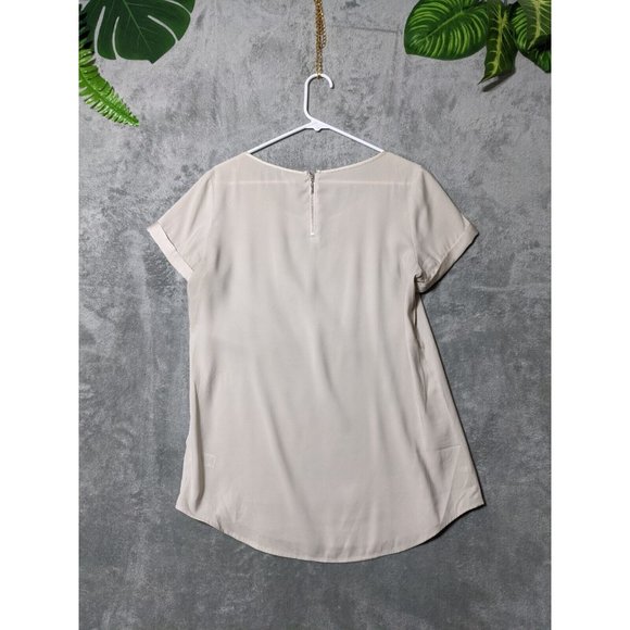 🍑EXPRESS Women Knit Tunic Solid Beige Round Neck Short Sleeve Zip Close M(8-10) - Picture 6 of 11